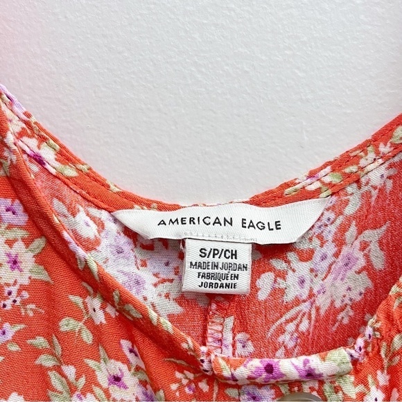 American Eagle Orange Ditsy Floral Scoop Neck Tie Waist Casual Mini Dress - Picture 9 of 9